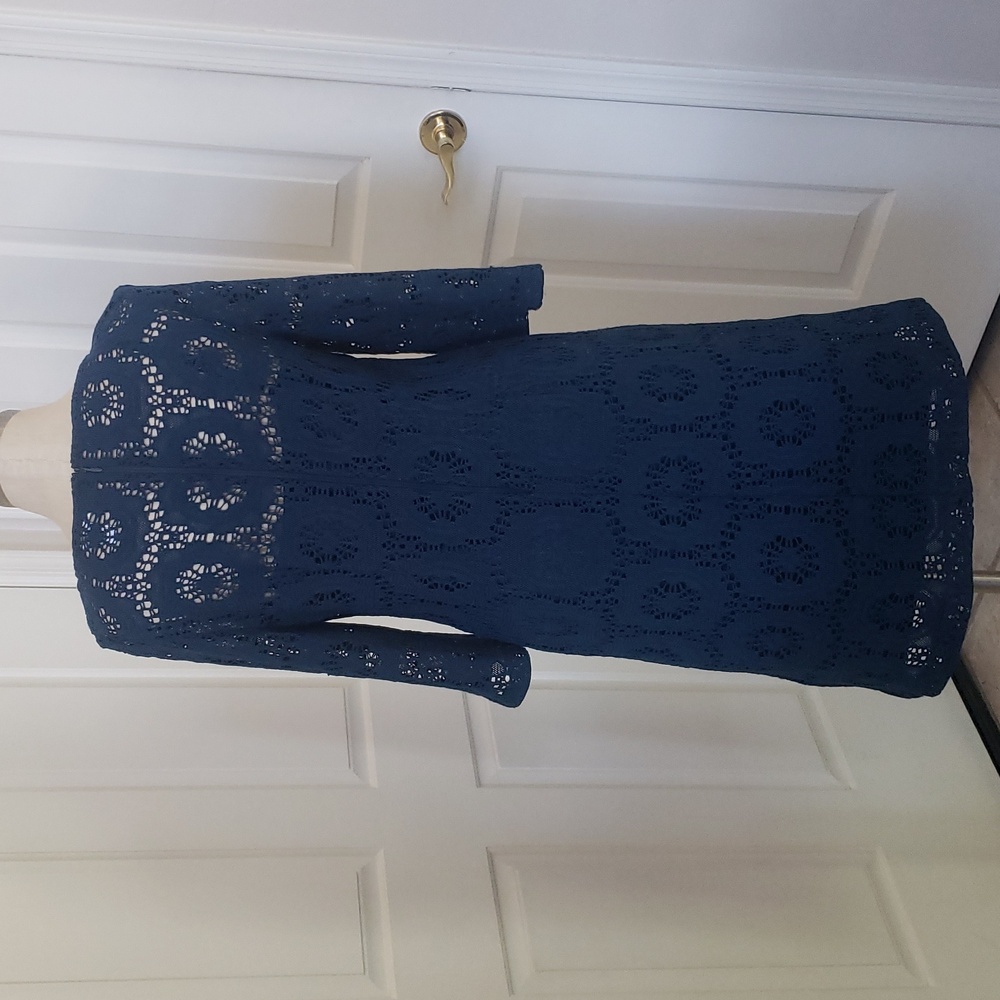Chico's Camille Crochet Lace Shift Dress Teal Blue Size 1 S Bell Sleeve - Picture 12 of 14